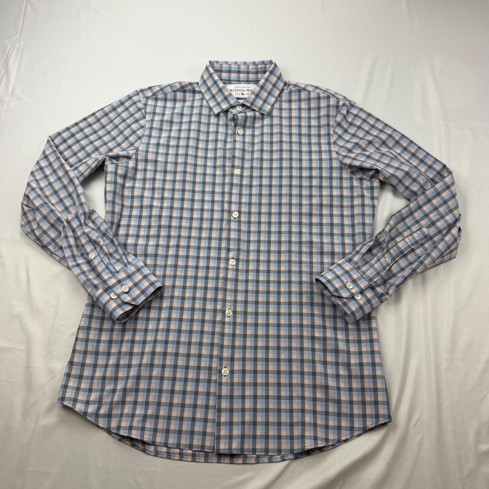 Mizzen+Main Leeward Shirt Mens Large Blue Peach Check Trim Fit Performance LS